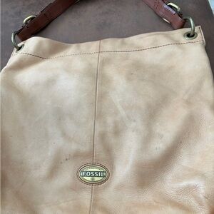 Fossil Cream and Brown Leather Shoulder Bag